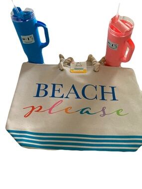 Beach Please Canvas Tote Bag with Blue and Pink Accent Tumblers